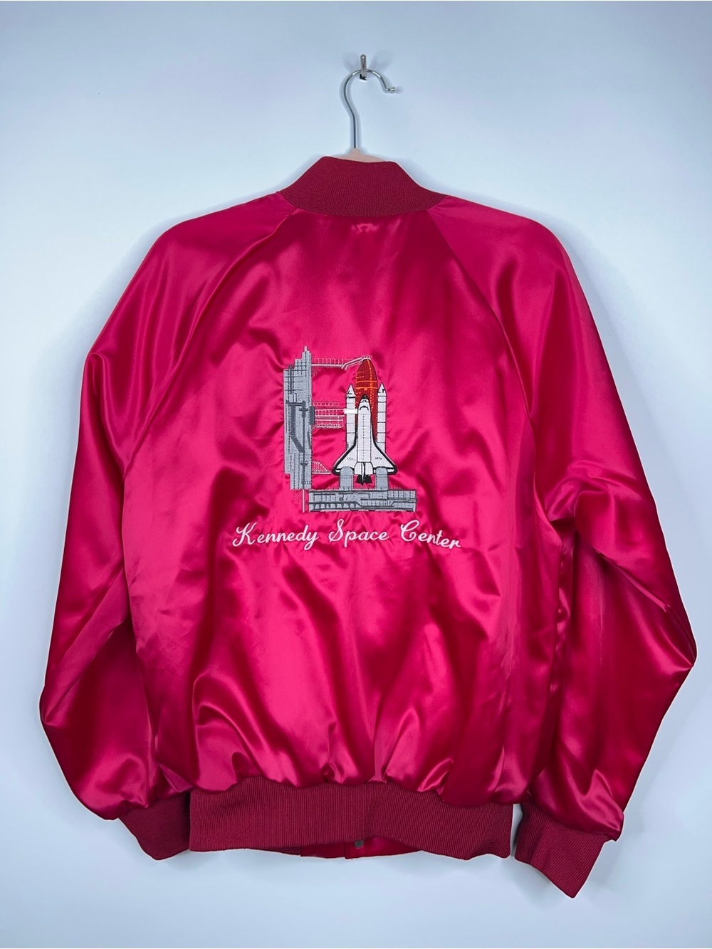Vintage Kennedy Space Center Satin Bomber Souvenir Jacket Red Magenta 80s 90s